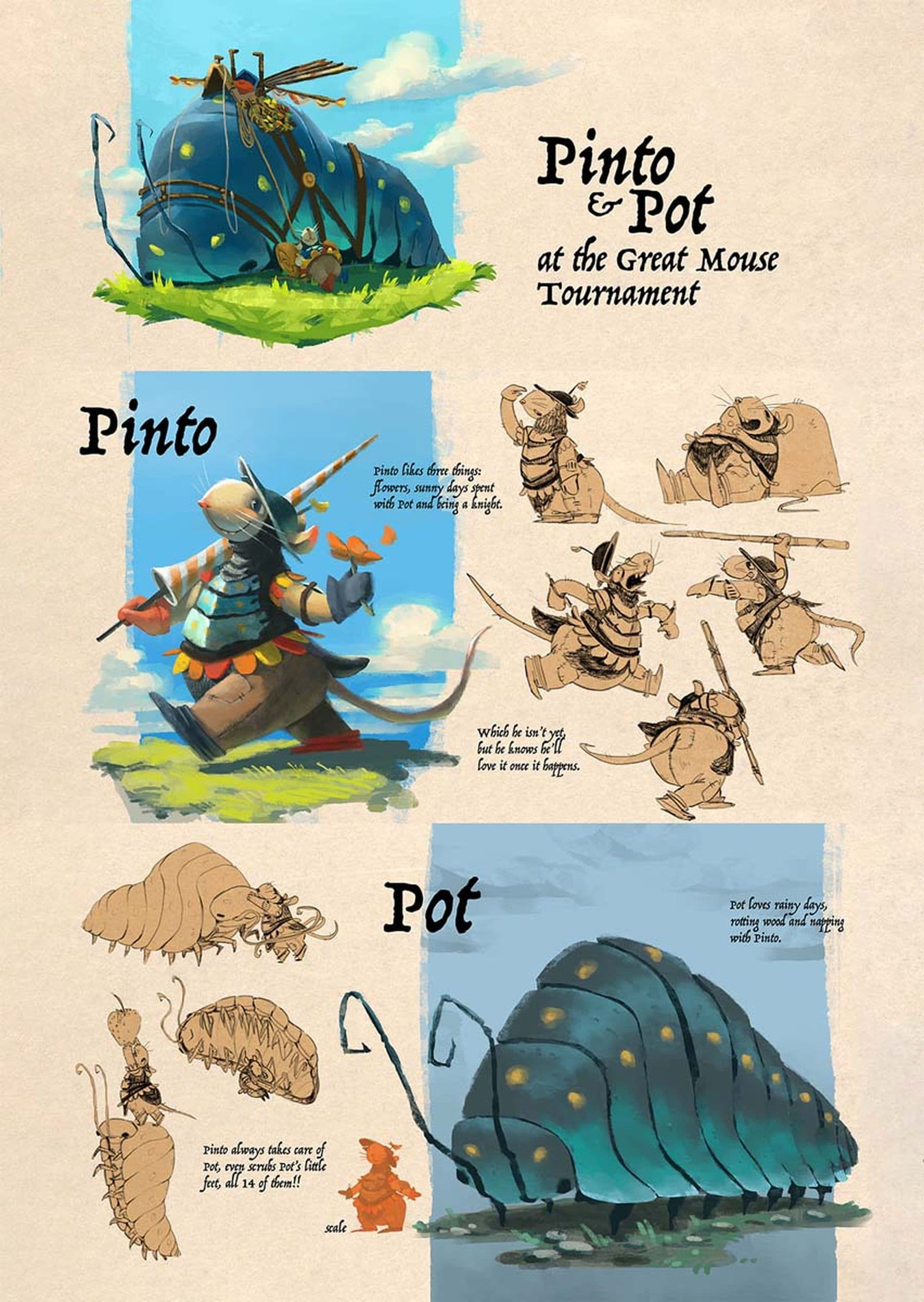 An illustrated design of 'Pinto & Pot at the Great Mouse Tournament' featuring a knightly mouse named Pinto and a large blue creature named Pot.