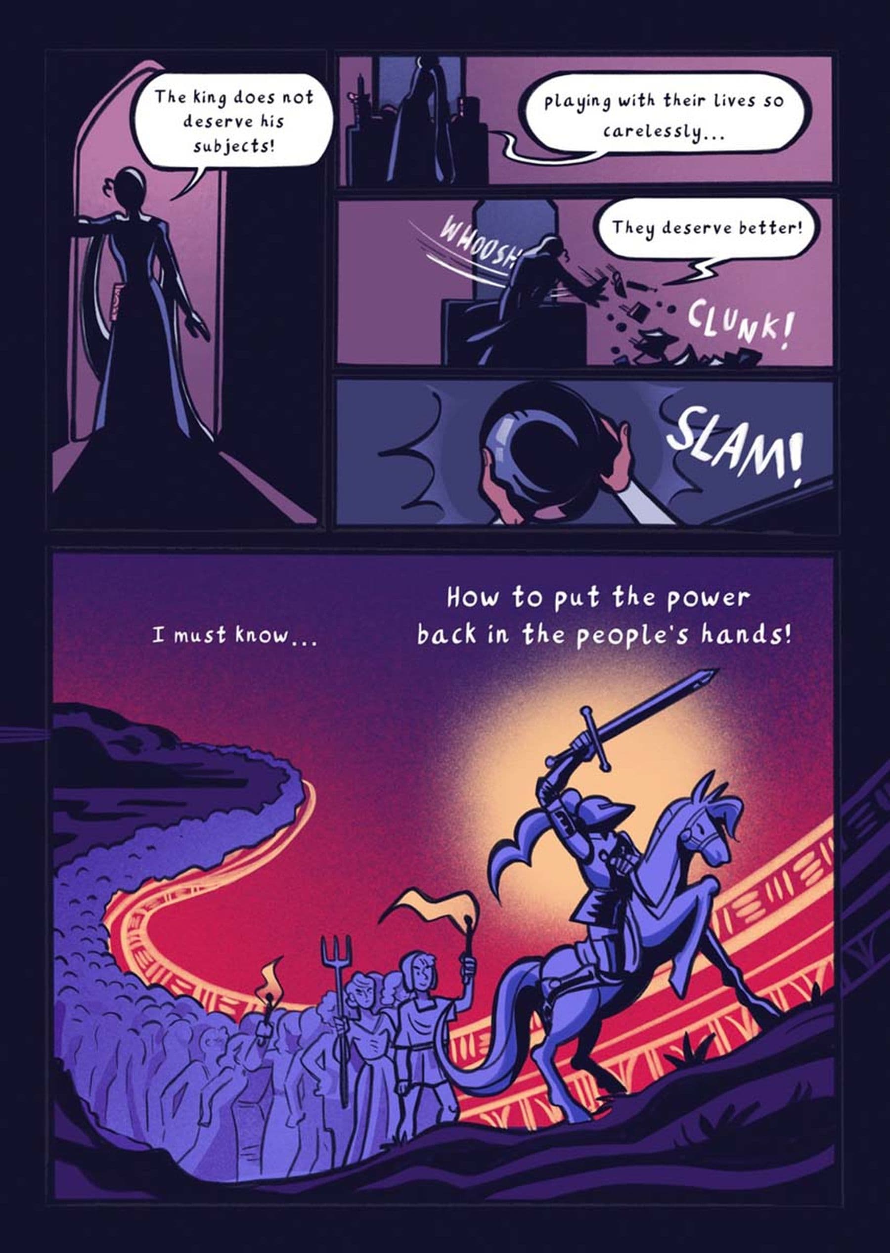 An illustration with s shadowy figure vows to empower the people against a careless king, as a knight leads a crowd in revolt, holding a sword aloft.