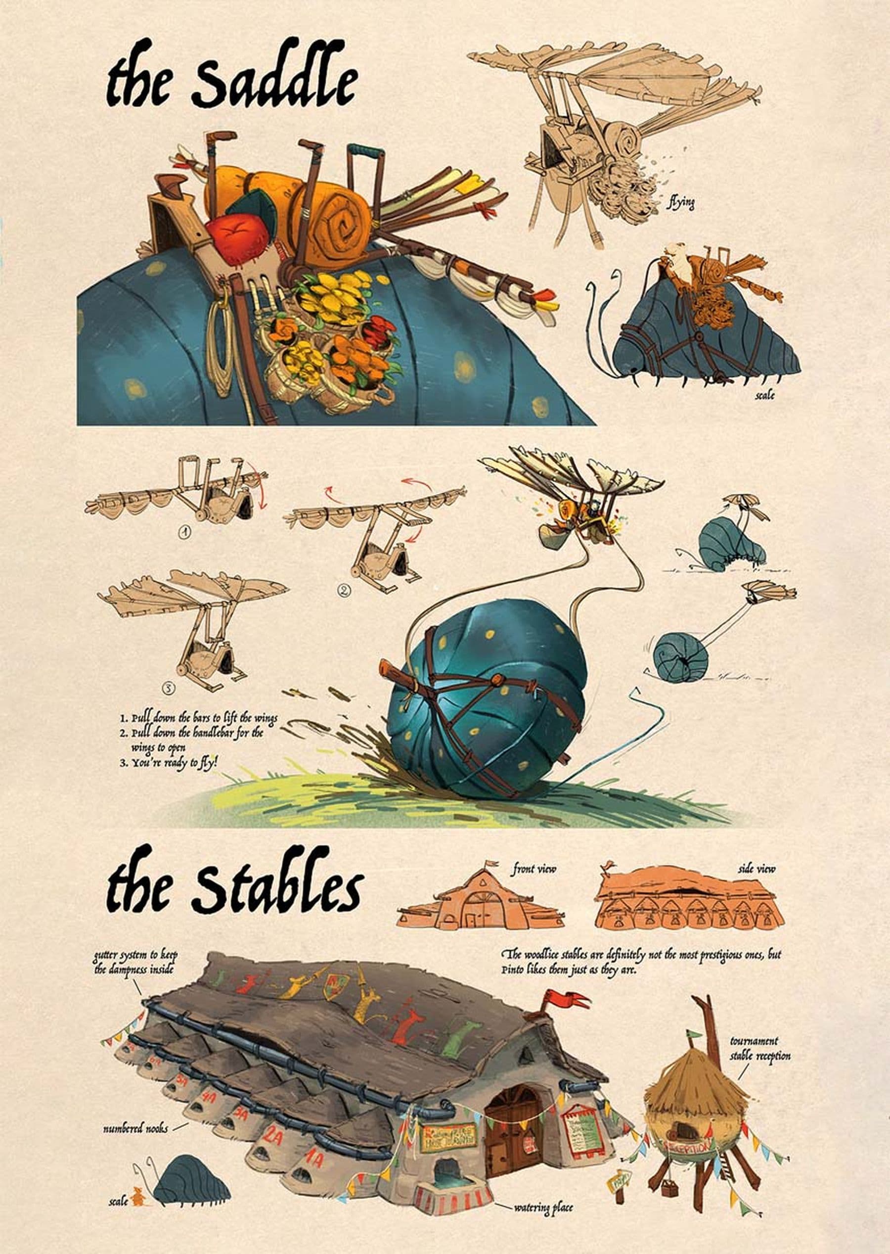 An illustrated design of a flying saddle with storage and vibrant decorations and a whimsical stable with labeled front and side views.