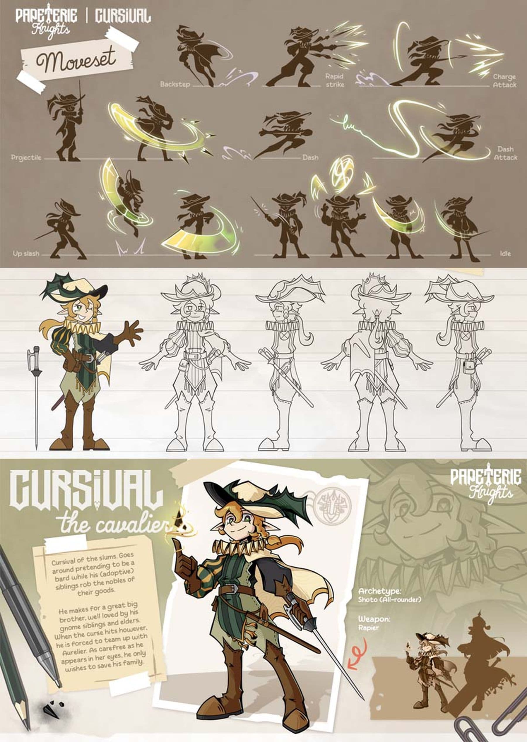 Designs of the character 'Cursival the cavalier' showing moveset animations, detailed character sketches and a brief backstory.
