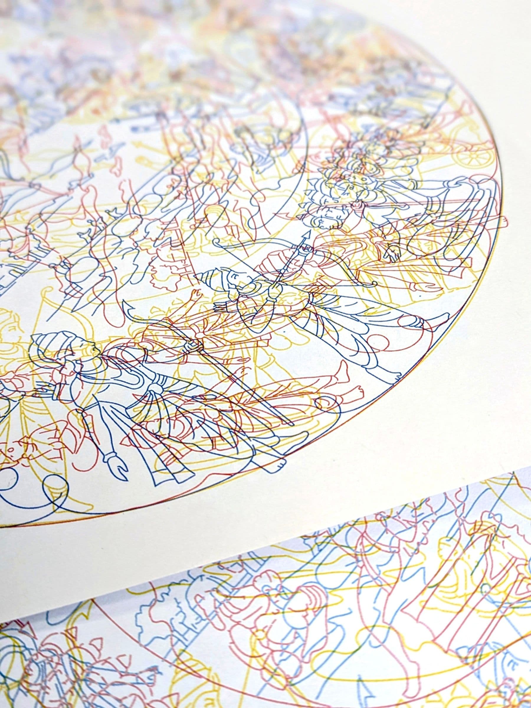 A photograph featuring intricate drawings of people with headdresses and crossbows. The drawings have overlapping lines in red, blue, and yellow, forming circular patterns on a white background.