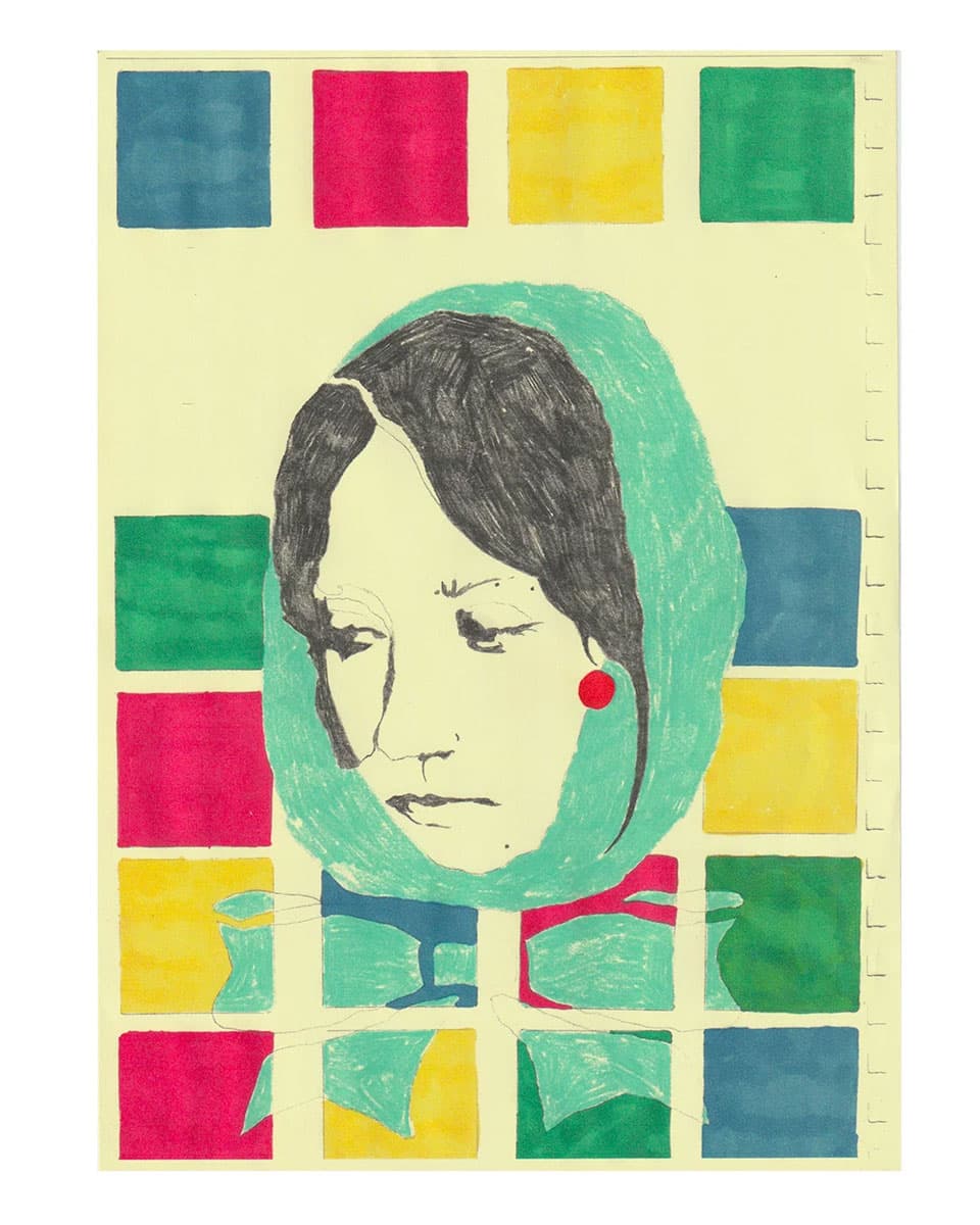 A stylized portrait of a woman's face framed by teal, surrounded by colourful squares in red, blue, yellow, and green, with a large bow beneath.