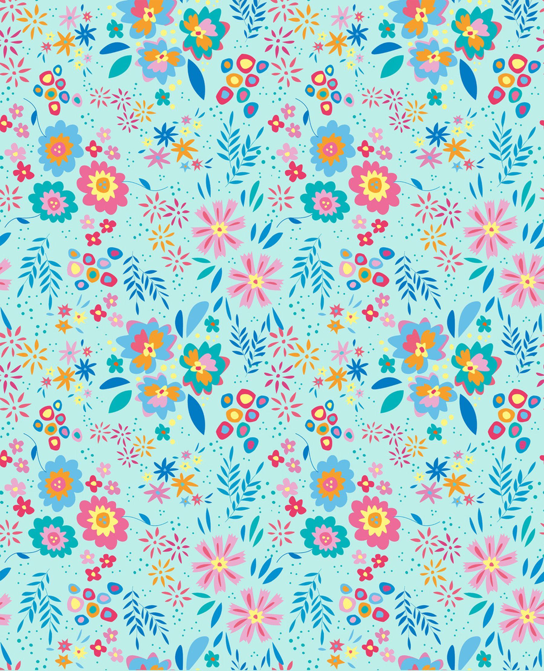 A digital repeat pattern illustration featuring colourful flowers on a light blue background. Colours include blues, yellows, greens and oranges.