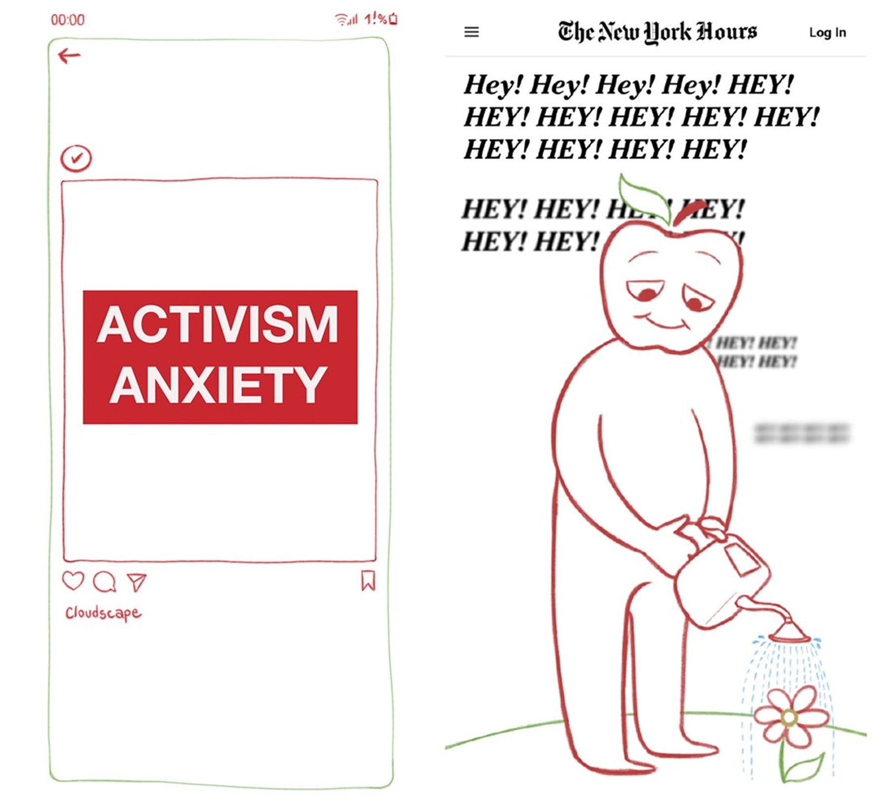 An illustration displaying the words 'Activism Anxiety' on a social media post. Next to the post is a person with a cartoon apple head watering a flower with the repeated word 'Hey' above.