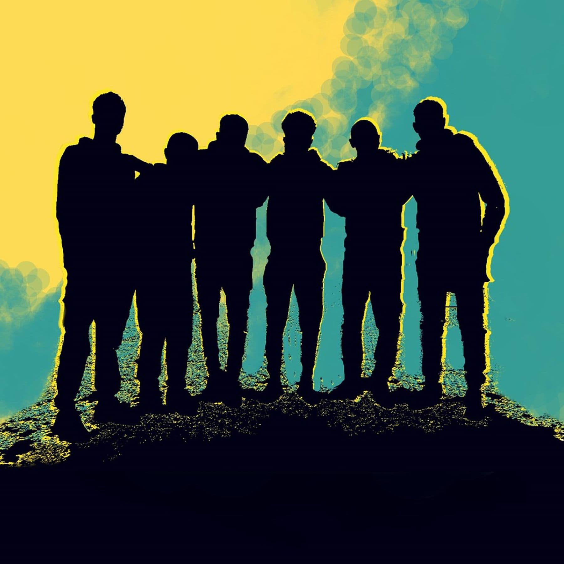 An animated image featuring silhouetted group of six people standing closely on a hilltop against a vibrant yellow and turquoise background.