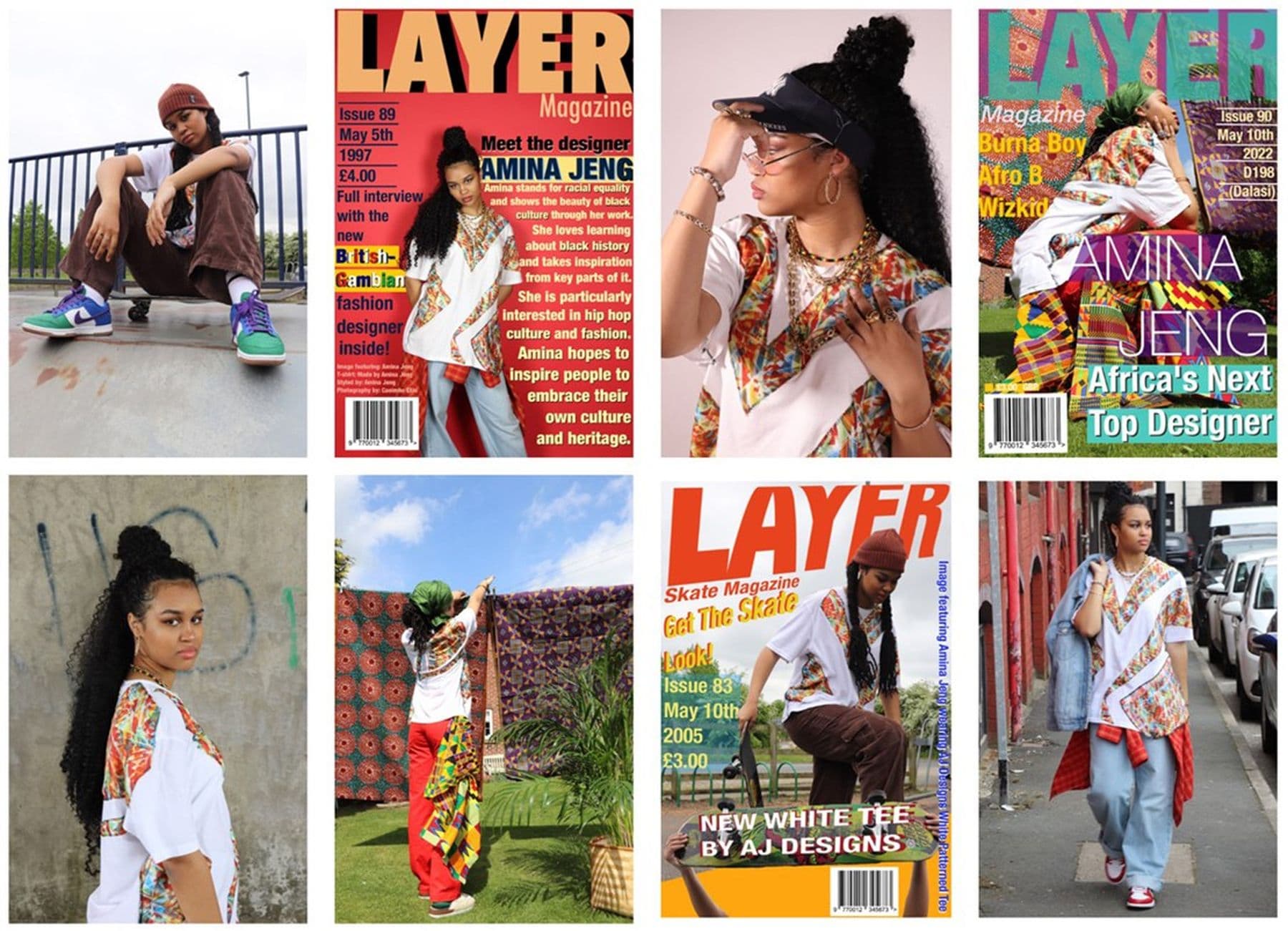 A collage of photographs featuring a person posing in various outfits, with magazine cover designs featuring bold text and colourful graphics.