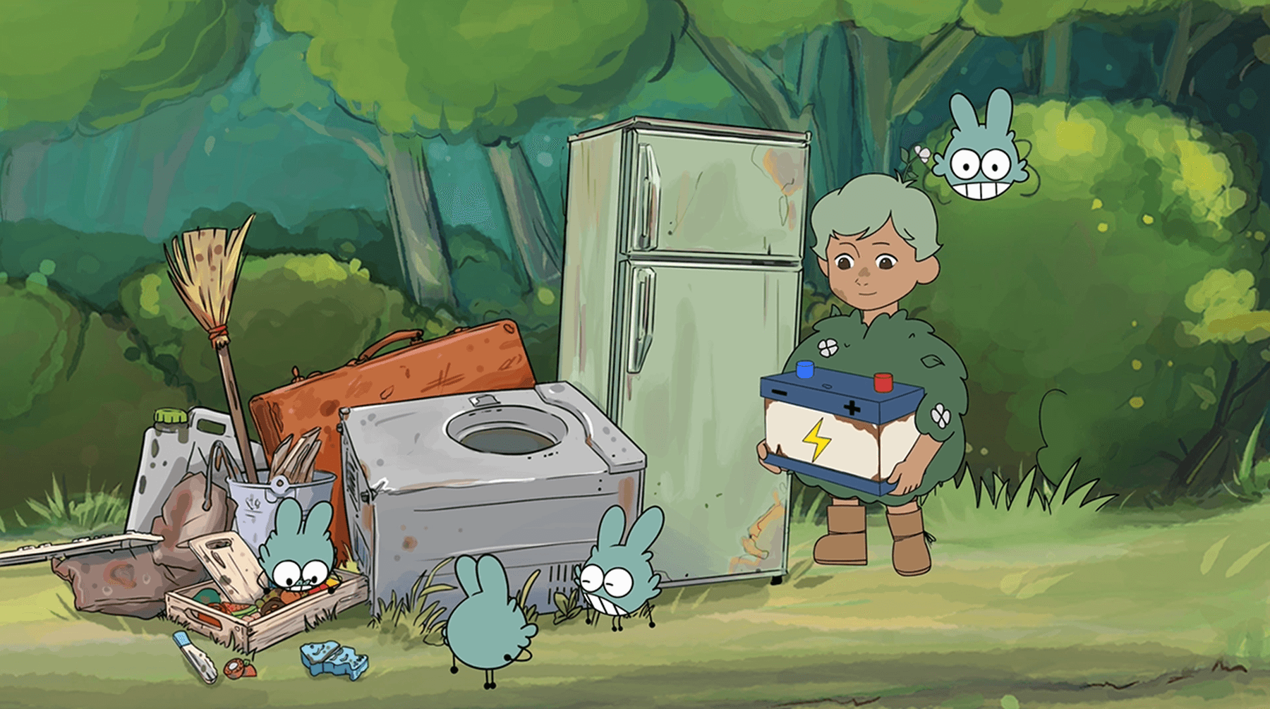 An animated image of a person holding a battery standing near a pile of discarded items in a forest, surrounded by cartoon creatures.