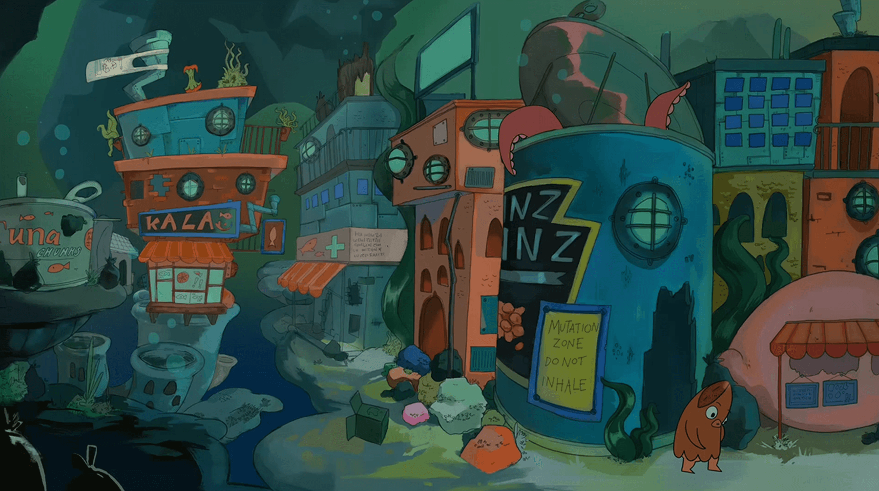 An animated image of a whimsical underwater cityscape with coloruful buildings, coral accents, and sea creatures, featuring a "Mutation Zone" sign.
