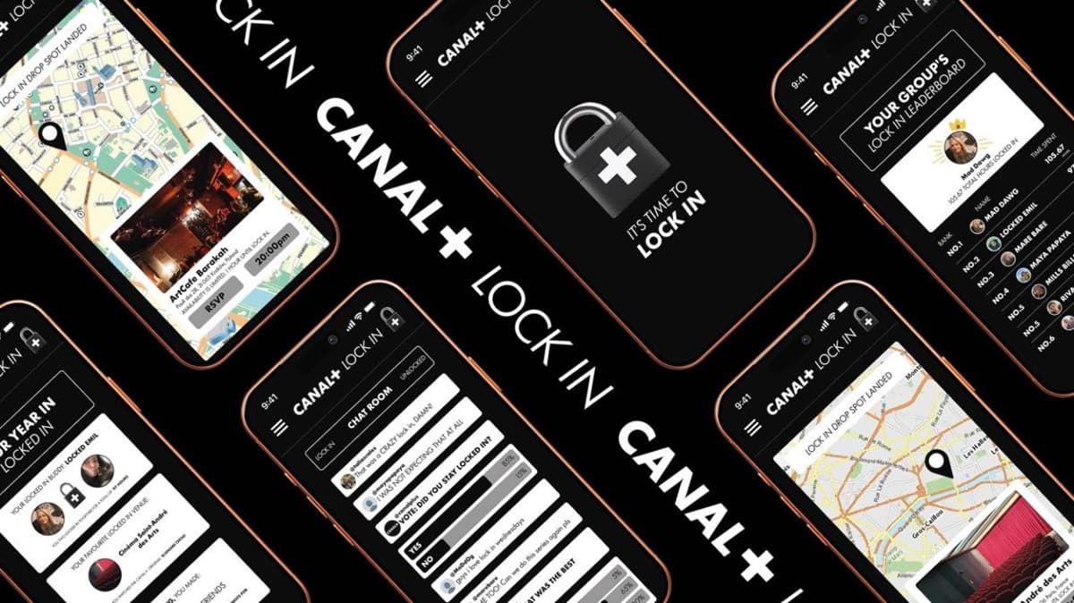 Multiple smartphone screens showing the Canal+ Lock In app interface with map locations, chat rooms, leaderboards, and RSVP options.