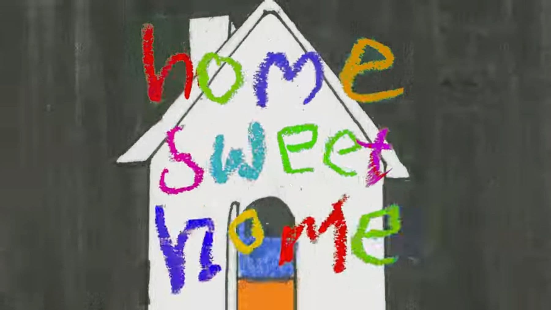 A n image featuring colourful text that reads: "home sweet home" on a white house shape, set against a dark background.