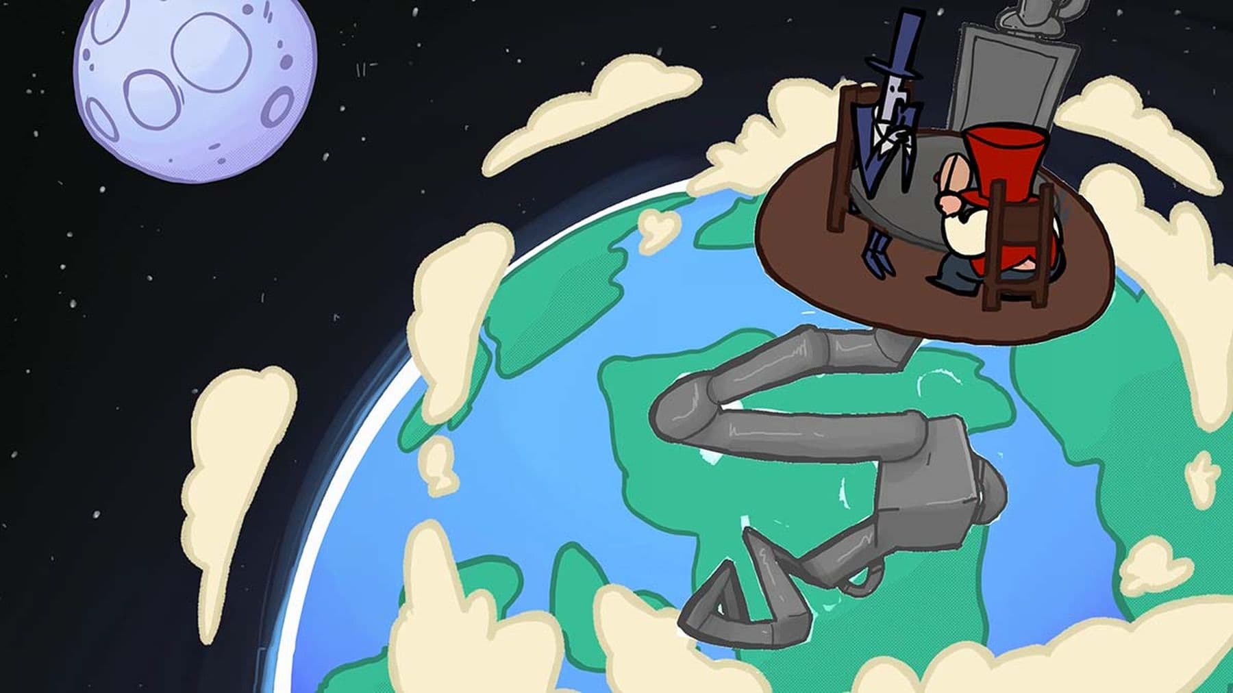 A cartoon of two people dining on a floating platform above Earth, with a large mechanical arm extending from the planet, and the moon in the background.